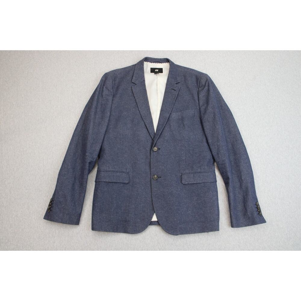 H&M Blazer Mens 42R Blue Cotton Linen Blend Single-Breasted 2-Buttons Lined